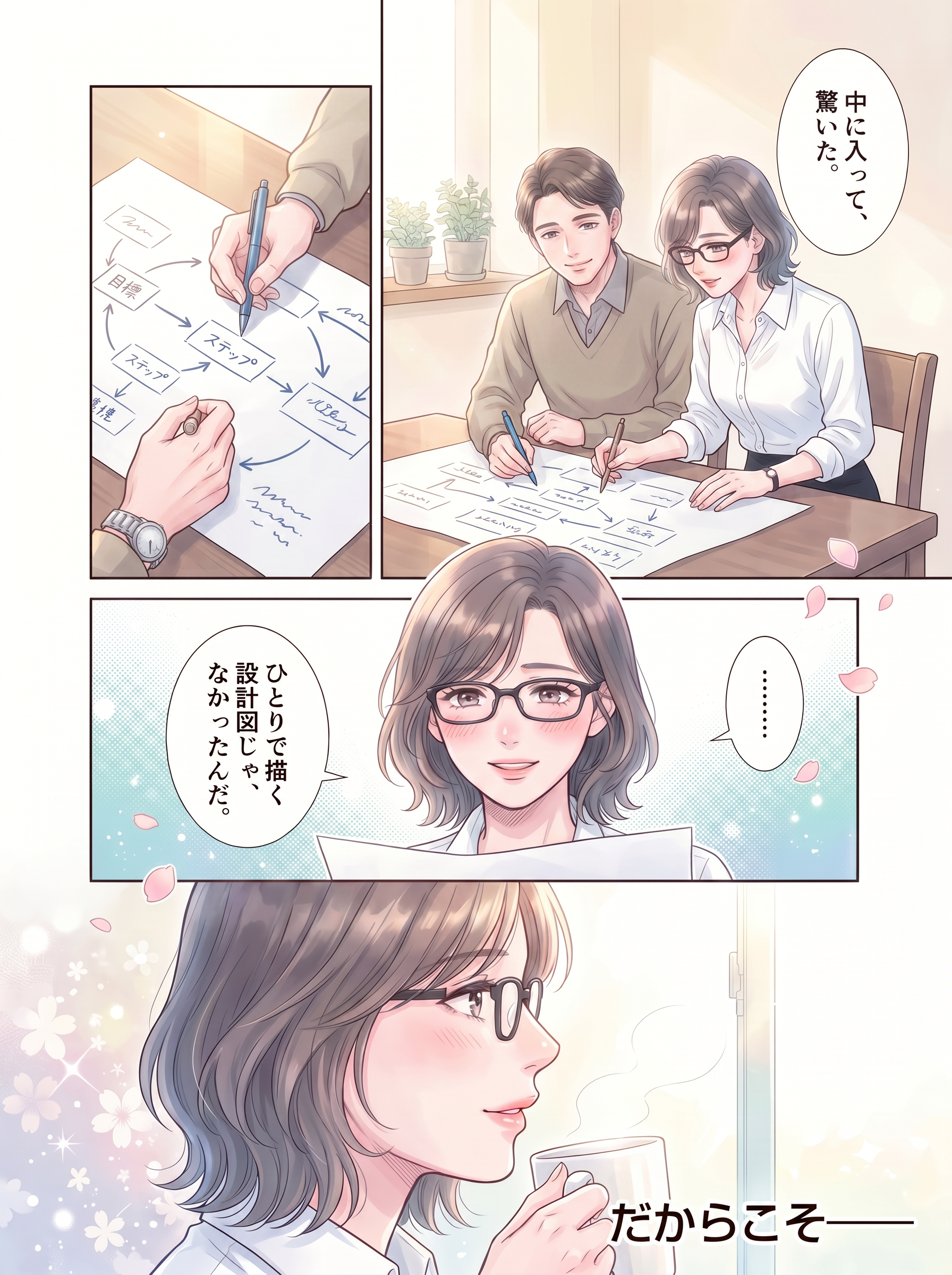 伴走者と永野ヨウが一緒に設計図を描いている場面
